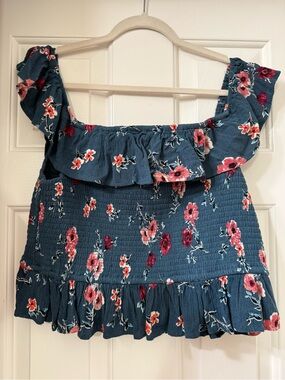 B.O.G Collective Floral Ruffle Smocked Top - Blue